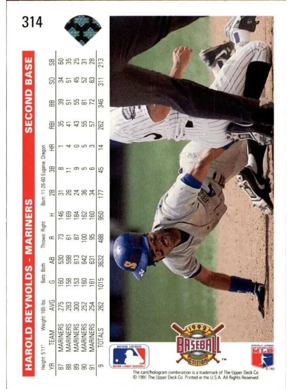 Harold Reynolds 1992 Upper Deck MLB #314 Baseball Card Seattle Mariners